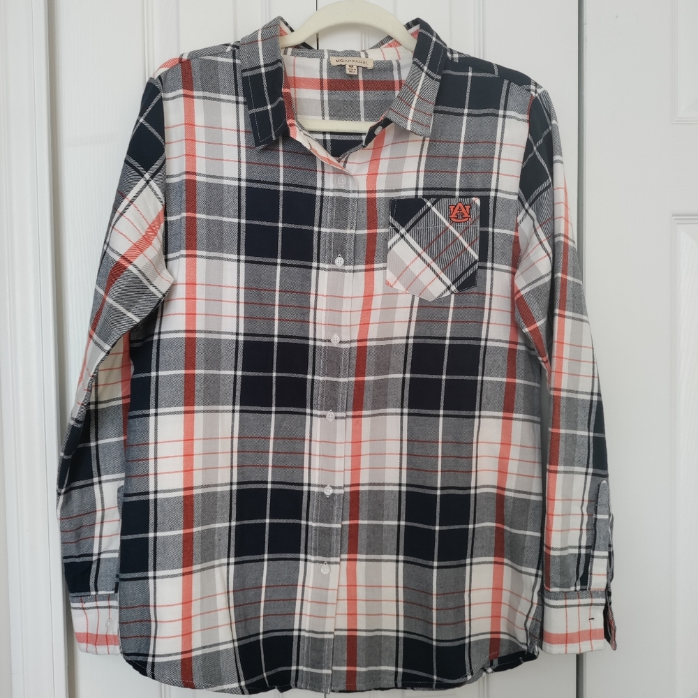 AUBURN Embroidered WOMEN'S Navy Orange Flannel Plaid Long Sleeve Size MEDIUM